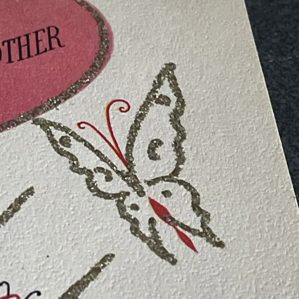 VTG Valentine Mom Butterfly Flowers Heart Card Gold Glitter Rust Craft